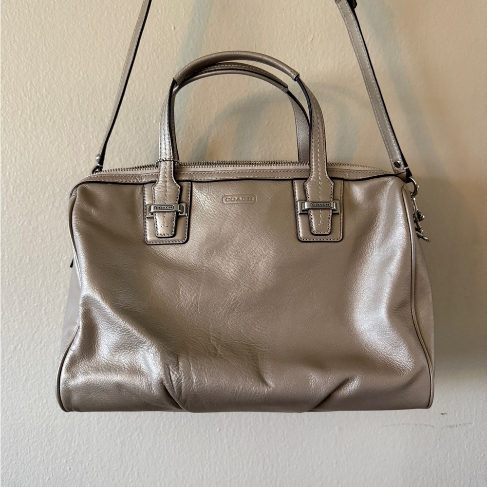 Coach Metallic Leather Satchel Crossbody Bag Top Handle Silver Hardware F25296 - Picture 2 of 6